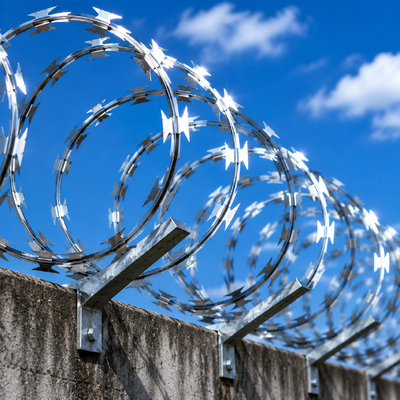 Valla perimetral de seguridad de alambre de púas de afeitar de estilo militar Bobina de alambre de púas de afeitar oxidada en la antigua valla de seguridad